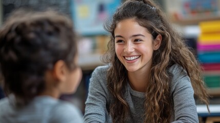 Wall Mural - A girl with long hair is smiling at a little girl