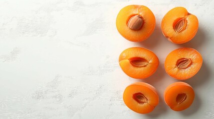 Wall Mural - Fresh Sliced Apricot on White Wooden Background - Top View Flat Lay of Juicy Apricot Slices