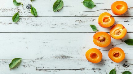 Wall Mural - Ripe Sliced Apricot on Clean White Wooden Surface, Top View Flat Lay - Fresh Fruit Concept