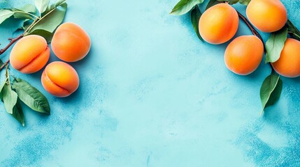 Wall Mural - Fresh Apricots on Pastel Blue Background - Flat Lay Top View with Copy Space, Square Composition for Summer Concept