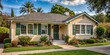 © Wanlop - Photo image of a cozy modest single-story ranch house with off-white stucco walls, green shutters, and a small wraparound porch on a quiet residential street.