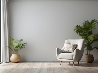 Wall Mural - White Armchair with Pillow in Minimalist Living Room