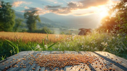 Close-up of a pile of wheat grains on a wooden table in a field with a sunset in the background.