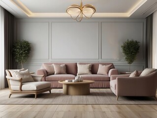 Modern living room interior with a pink sofa, two armchairs, a coffee table, and a decorative chandelier