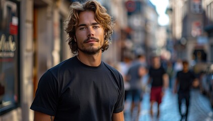 Portrait of a Man with Long Blonde Hair in a City Setting