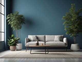 Wall Mural - Modern Living Room with White Sofa, Teal Wall, and Plants