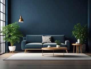 Wall Mural - Minimalist Living Room with Blue Walls and a Plush Couch