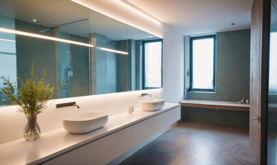 A modern bathroom with two sinks and a large mirror, illuminated by sleek overhead lighting