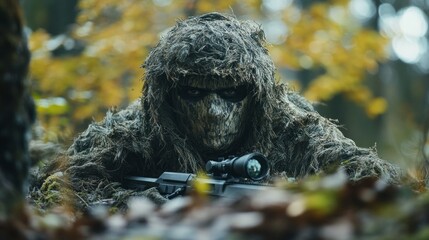 A man in a camouflage suit is holding a rifle and looking at the camera