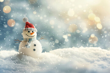 Christmas greeting card with bright winter holiday snowman and New Year background