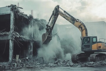 An excavator demolishes a large building, its arm breaking through walls. The site is covered in debris