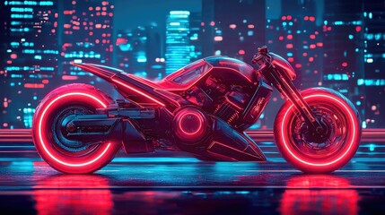 Futuristic Motorcycle with Red Neon Lights in a Cityscape