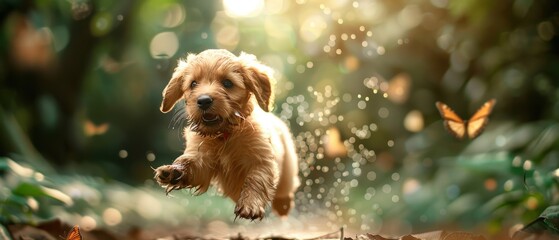 Happy Puppy Playfully Chasing Butterflies in a Vibrant Green Garden