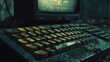 © Pichapob - A close-up shot of an ancient, weathered computer keyboard with yellowed keys and a flickering CRT monitor in the background, set in a dark, moody environment reminiscent of early cyber technology