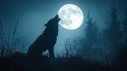 Wall Mural - silhouette of a wolf howling at the moon, dramatic night scene with strong shadows and light contras