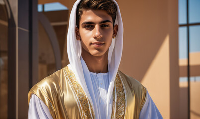 A young man in traditional clothing stands outside on a sunny day