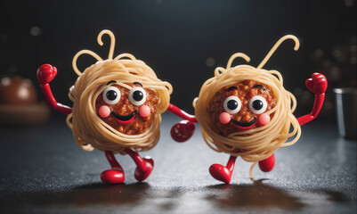 Two happy spaghetti and meatball characters dance on a dark surface