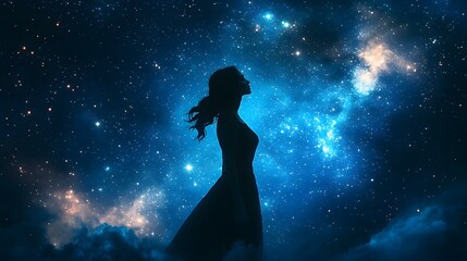 Poster - Woman Silhouette Under a Starry Night Sky.