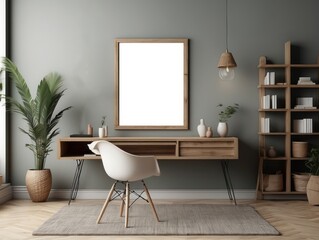 Wall Mural - Minimalist Home Office Interior with Wooden Desk and Empty Frame