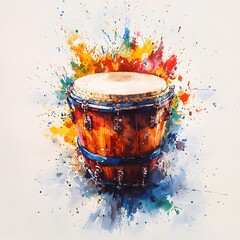 Wall Mural - watercolor drum with colorful splashes.