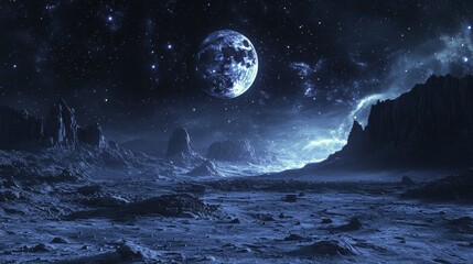 Wall Mural - vast lunar landscape, rugged craters under twilight, surreal and atmospheric with deep space in the 