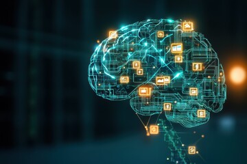 Futuristic Digital Brain Concept with Circuit Patterns and Financial Symbols Representing Financial Technology Innovation