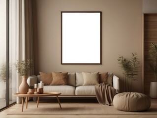 Wall Mural - Minimalist Living Room with White Sofa, Wooden Coffee Table, and Blank Frame