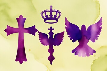 Watercolor Designs of Holy Trinity Symbols Cross Crown and Dove Silhouettes