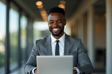 Business professional working on laptop in office lobby