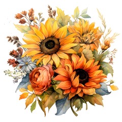 Sticker - Watercolor Autumn Bouquet with Sunflowers.