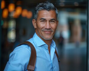 Canvas Print - A man in a blue shirt smiles at the camera. AI.