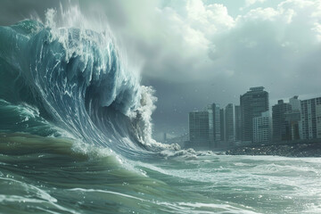 Generative ai on theme of a scary tsunami with huge foamy wave, apocalyptic dramatic background