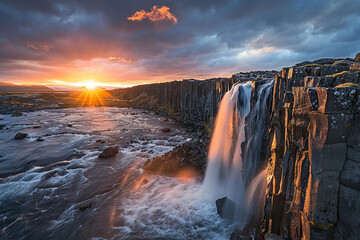 Generative ai on theme of beautiful majestic waterfall in natural nature, national park attraction