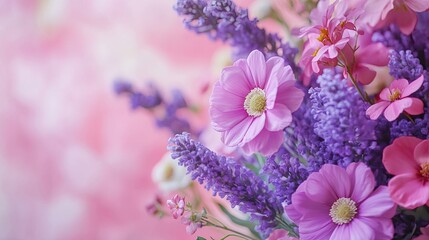 Poster - Floral elegance: A bouquet of purple and pink flowers, set against a pastel backdrop, highlighting natural beauty