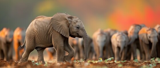 Wall Mural - Adorable Baby Elephant Walking Alongside its Herd in the Wild Savannah Landscape