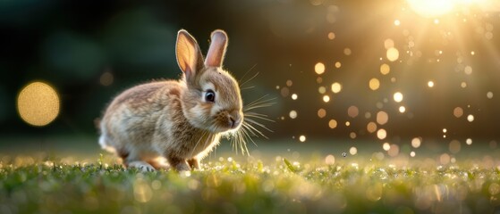 Wall Mural - Sweet Baby Rabbit Joyfully Hopping Amidst Lush Green Grass