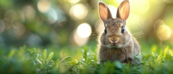 Wall Mural - Adorable Baby Rabbit Joyfully Hopping in Lush Green Grass on a Sunny Day