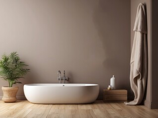 Wall Mural - Modern Bathroom with Freestanding Tub, Plant, and Towel