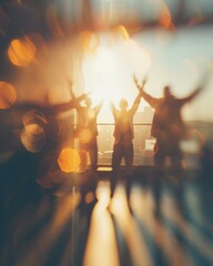 Canvas Print - A blurry photo of people standing in a room with their arms up. AI.