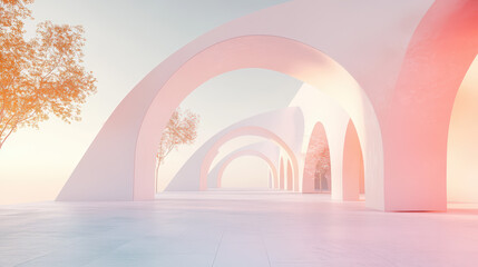 3D render abstract surreal pastel landscape background with modern architecture and geometric arches in soft colors