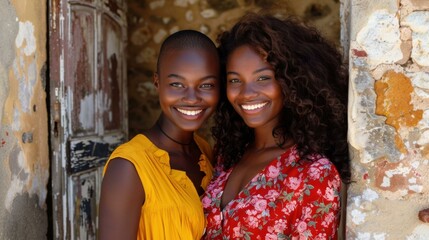 Sticker - Two women are smiling at the camera in front of a door. AI.