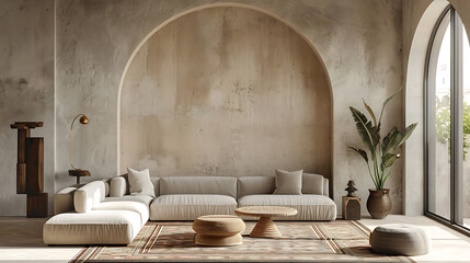 Wall Mural - A modern living room with a large sectional sofa, wooden coffee tables, and a large plant in a terracotta pot.