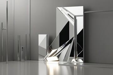 3D Visualization of Shiny Abstract Geometry with Reflective Features on a Clean Minimalist Background