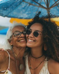 Sticker - A happy grandmother and granddaughter smiling together. AI.