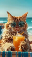 Wall Mural - Cat in sunglasses drinking juice by the beach AI.