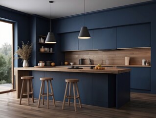 Wall Mural - Modern kitchen with blue cabinets and wood accents