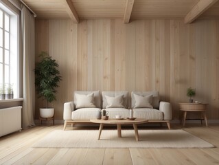 Wall Mural - Minimalist Living Room with Wooden Walls and a Beige Sofa