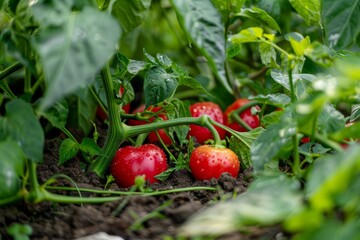 Wall Mural - Red juicy bell pepper on farm field on a sunny day. Concept of growing vegetables, agribusiness development.
