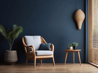 Wall Mural - Wooden Armchair with Blue Wall and Side Table