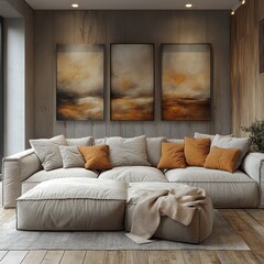 Wall Mural - Panoramic 3D rendering of a modern interior with a stylish sofa.  